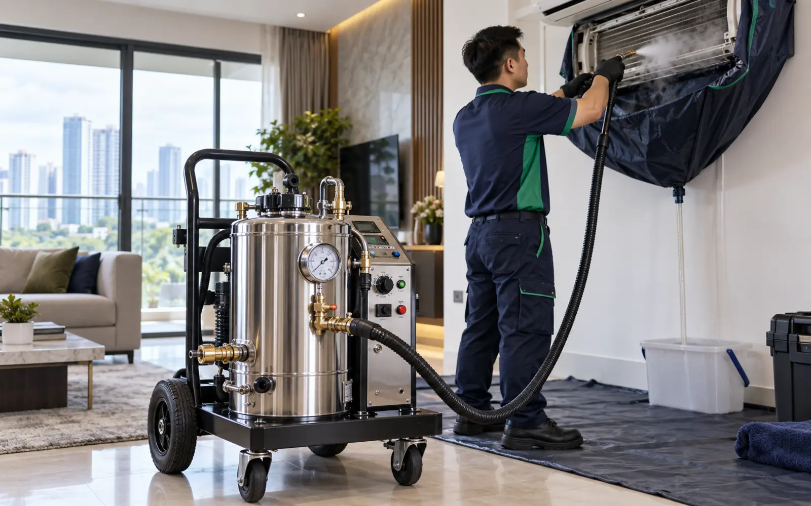 Wall-mounted aircon receiving in-situ high-temperature steam deep cleaning